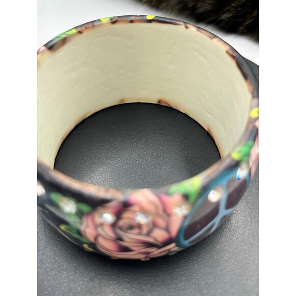Ed Hardy Vintage Pink Roses Love Peace Tattoo Rhinestone Lucite Bangle Bracelet - Picture 6 of 9